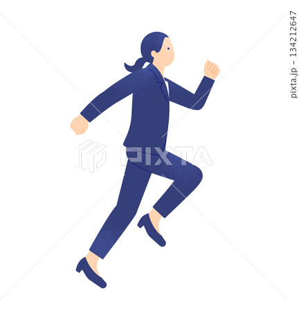 成長と挑戦を象徴。右に向かって走るスーツの女性。目標達成に向かうビジネスパーソンのイラスト素材。 成長と挑戦を象徴。右に向かって走るスーツの女性。目標達成に向かうビジネスパーソンのイラスト素材。 134212647