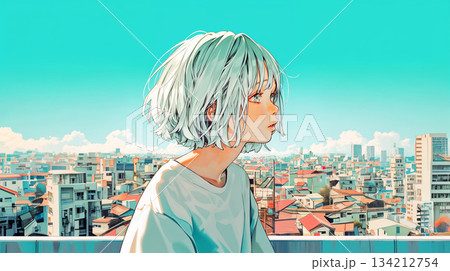 屋上で都会を眺める若い女性 134212754