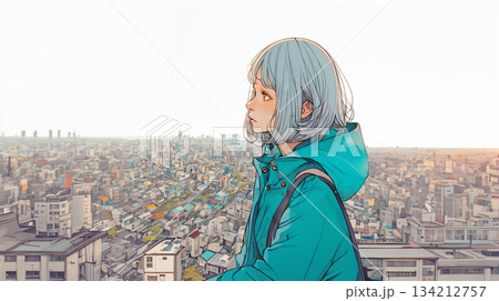 屋上で都会を眺める若い女性 134212757