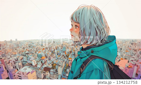 屋上で都会を眺める若い女性 134212758