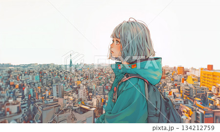 屋上で都会を眺める若い女性 134212759