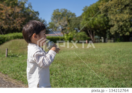 公園でペットボトルのジュースを飲む男の子 134212764