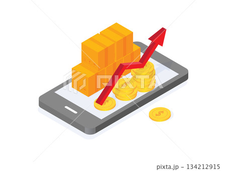 Isometric illustration of a box on a phone with coins and a red arrow rising 134212915