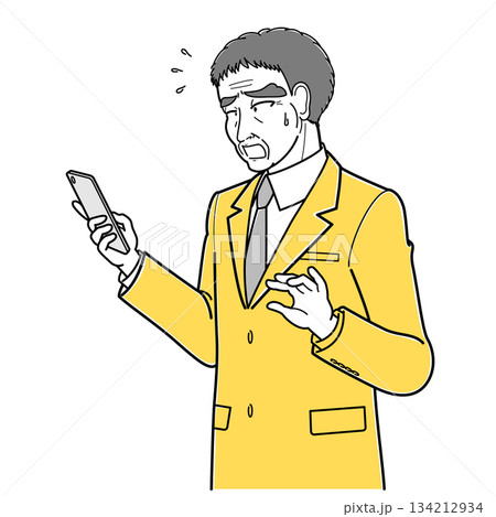 困った表情でスマートフォンを見ているスーツの中年男性・斜め左向き(シンプル・上半身) 困った表情でスマートフォンを見ているスーツの中年男性・斜め左向き(シンプル・上半身) 134212934