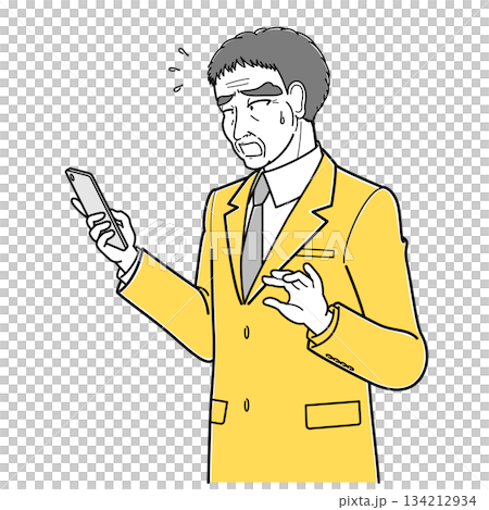 困った表情でスマートフォンを見ているスーツの中年男性・斜め左向き(シンプル・上半身) 困った表情でスマートフォンを見ているスーツの中年男性・斜め左向き(シンプル・上半身) 134212934