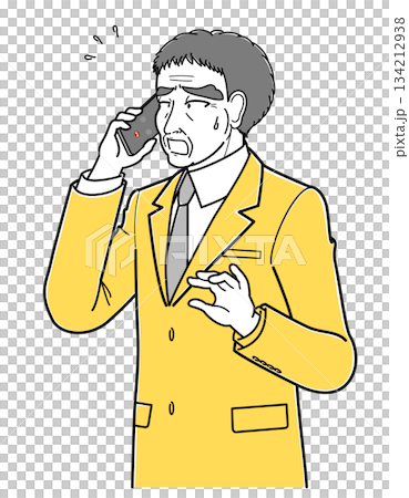A middle-aged man in a suit talking on the phone with a troubled expression (simple, upper body) 134212938