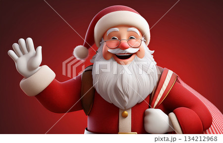 Cheerful Santa waves from a warm red background, carrying a sack of wrapped gifts and a gold-brown bag. Cheerful Santa waves from a warm red background, carrying a sack of wrapped gifts and a gold-brown bag. 134212968