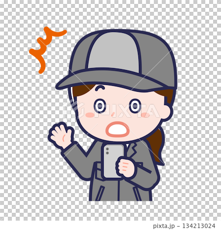 A female "factory worker" using a smartphone 134213024