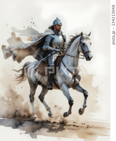 ルノルマンカード「騎士」中世の騎士と馬の一枚絵水彩イラスト1/チラシやポスター用素材 ルノルマンカード「騎士」中世の騎士と馬の一枚絵水彩イラスト1/チラシやポスター用素材 134213048