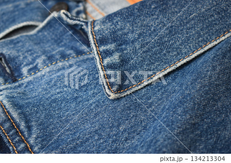 collar of blue denim shirt texture, jean fashion style 134213304