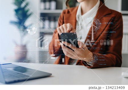 Woman using chatbot in computer and tablet smart intelligence Ai. AI generate. Woman using chatbot in computer and tablet smart intelligence Ai. AI generate. 134213409