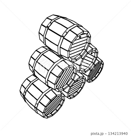 Outline for Coloring of Wooden Old Vintage Barrel with Metal Bands. Vector Illustration. Outline for Coloring of Wooden Old Vintage Barrel with Metal Bands. Vector Illustration. 134213940