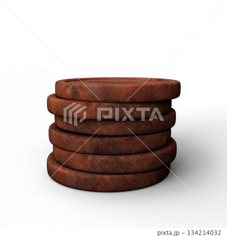 Stack of Rusty Metal Coins on White Background. 3D Illustration. File with Clipping Path. 134214032