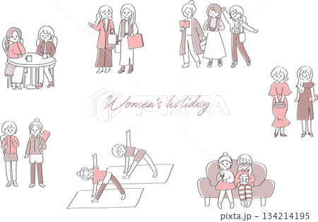 休暇に趣味を楽しむ女性たちのかわいいイラストセット 134214195
