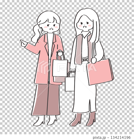 ショッピングを楽しむ女性ペアの手描きイラスト 134214196