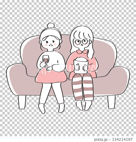 A cute illustration of women watching a movie on the sofa 134214197