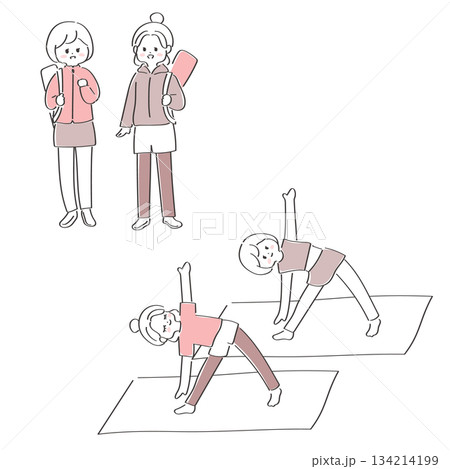 ヨガへ向かう女性とヨガを楽しむ女性たちのセットイラスト 134214199