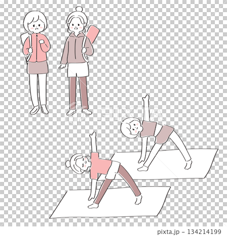 ヨガへ向かう女性とヨガを楽しむ女性たちのセットイラスト 134214199