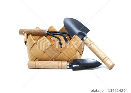 Small Woven Basket With Garden Tools Including Shovel, Trowel, And Rake Small Woven Basket With Garden Tools Including Shovel, Trowel, And Rake 134214294