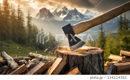斧で薪割りをした瞬間 斧で薪割りをした瞬間 134214381
