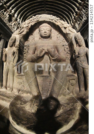 Buddha statue in Cave No.10 of the Buddhist temple at Ellora Caves. Elora a UNESCO World Heritage Site, is one of the world's largest collections of rock-cut temples and shrines. 134214557