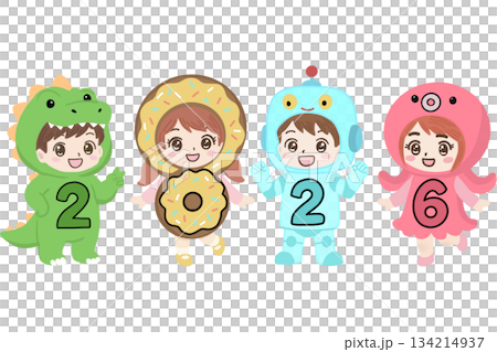 Four cute children dressed in fun costumes representing the numbers 2026. A dinosaur boy, donut girl, robot boy, and octopus girl, all drawn in a sweet kawaii style. 134214937