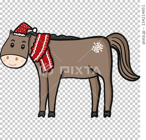 Christmas horse illustration features a friendly brown horse wearing a festive red Santa hat and matching striped winter scarf, complete with a delicate snowflake mark on its side. Christmas horse illustration features a friendly brown horse wearing a festive red Santa hat and matching striped winter scarf, complete with a delicate snowflake mark on its side. 134214951