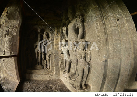 The religious sites and art at the Elora Caves,a UNESCO World Heritage Site,are one of the world's largest collections of rock-cut temples, dating back to 600-1000 AD. Located at Aurangabud in India. 134215113