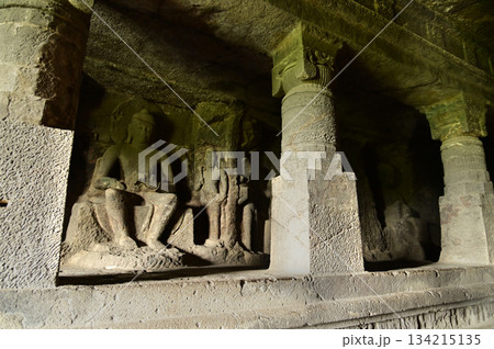 The religious sites and art at the Elora Caves,a UNESCO World Heritage Site,are one of the world's largest collections of rock-cut temples, dating back to 600-1000 AD. Located at Aurangabud in India. 134215135