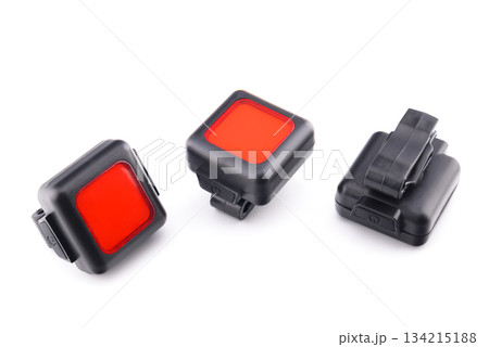 three red rear bicycle lights on white background three red rear bicycle lights on white background 134215188
