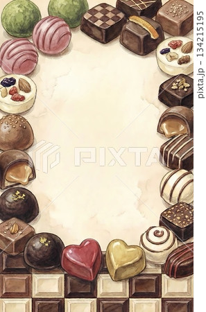 バレンタイン チョコレートのフレーム 水彩風 手描きイラストの