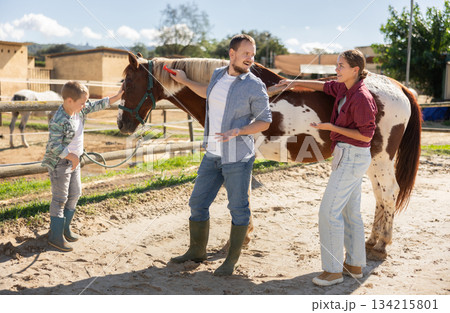 Man, woman and boy stroking and combing horse Man, woman and boy stroking and combing horse 134215801