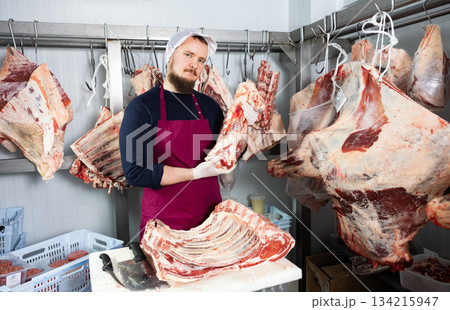 Male butcher shop butcher shows raw chopped carcasses and ribs Male butcher shop butcher shows raw chopped carcasses and ribs 134215947