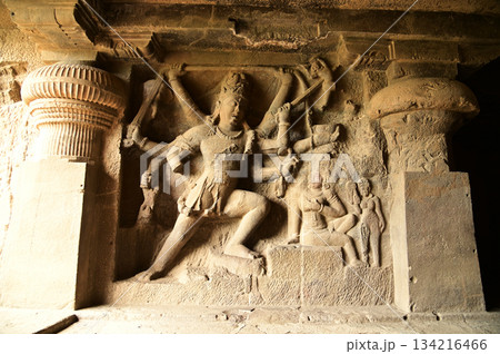 The religious sites and art at the Elora Caves,a UNESCO World Heritage Site,are one of the world's largest collections of rock-cut temples, dating back to 600-1000 AD. Located at Aurangabud in India. 134216466