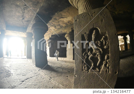 The religious sites and art at the Elora Caves,a UNESCO World Heritage Site,are one of the world's largest collections of rock-cut temples, dating back to 600-1000 AD. Located at Aurangabud in India. 134216477