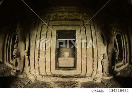 The religious sites and art at the Elora Caves,a UNESCO World Heritage Site,are one of the world's largest collections of rock-cut temples, dating back to 600-1000 AD. Located at Aurangabud in India. 134216482