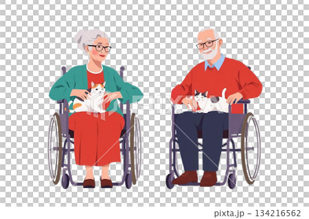 A scene of two elderly couples, a grandmother and grandfather, sitting in wheelchairs and gently stroking a cat curled up on their laps. A scene of two elderly couples, a grandmother and grandfather, sitting in wheelchairs and gently stroking a cat curled up on their laps. 134216562