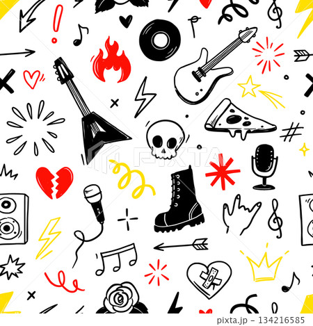 Rock music seamless pattern with guitar, skull, punk symbols. Hand drawn doodle scribbles stickers with stars, roses and love heart for rock music background, tattoo design. Vector 134216585