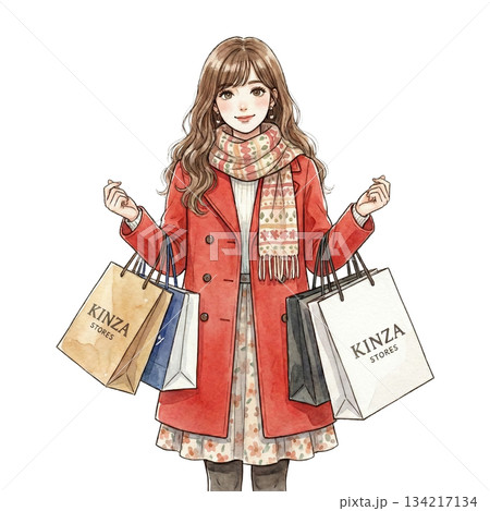 ショッピングバッグを抱える女性 ショッピングバッグを抱える女性 134217134