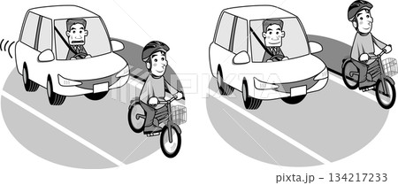自転車＜通行ルール・左端の通行・自転車ヘルメット有・モノクロ・一色・白黒＞ 134217233