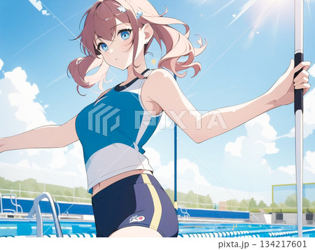 青空の下でポールを持つ女性スポーツ選手 134217601