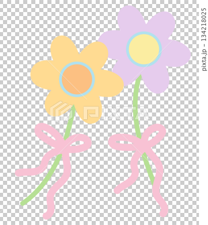 Pastel flowers with pink ribbon illustration for nature, garden, icon, decorations, tree, plants, spring time, summer vibe, picnic, park, home yard, sticker, tattoo, fabric print, blossom, blooming 134218025