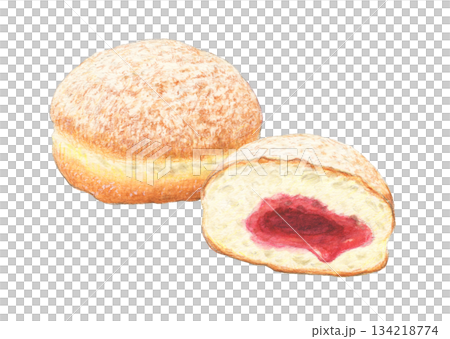 Berliner with raspberry jam watercolor pencil illustration 134218774