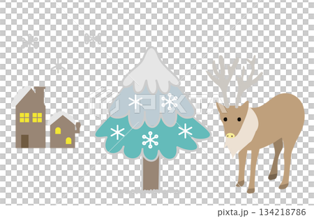 Illustration of a reindeer standing next to a snowy house and tree 134218786