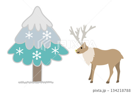 雪が積もった木とトナカイのイラスト 134218788