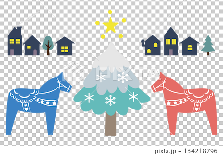 冬季街道樹木和達拉納馬匹的插圖，閃耀著星光 134218796