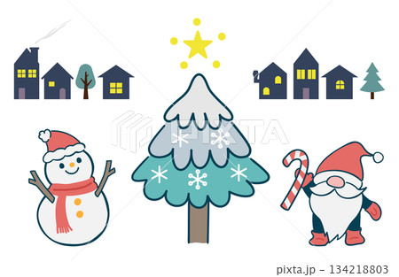 星が輝く冬の街路樹と雪だるまとクリスマスノームのイラスト 星が輝く冬の街路樹と雪だるまとクリスマスノームのイラスト 134218803