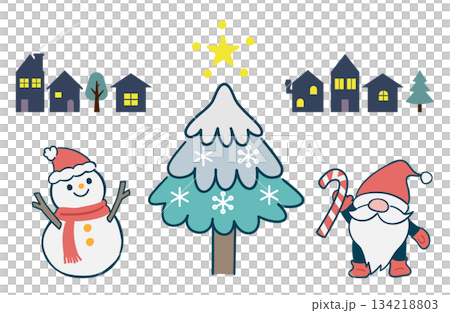 星が輝く冬の街路樹と雪だるまとクリスマスノームのイラスト 星が輝く冬の街路樹と雪だるまとクリスマスノームのイラスト 134218803