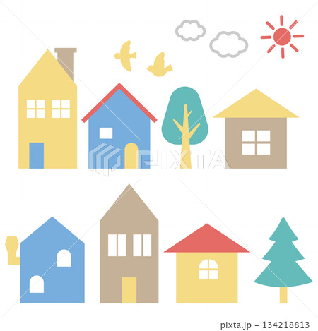 カラフルな建物のかわいい街並みのイラスト カラフルな建物のかわいい街並みのイラスト 134218813