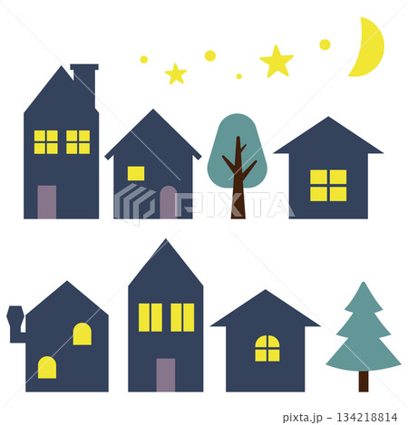 シルエットの建物がならぶ、夜の街並みのイラスト 134218814